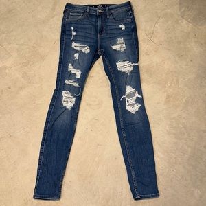 hollister blue high rise super skinny ripped jean